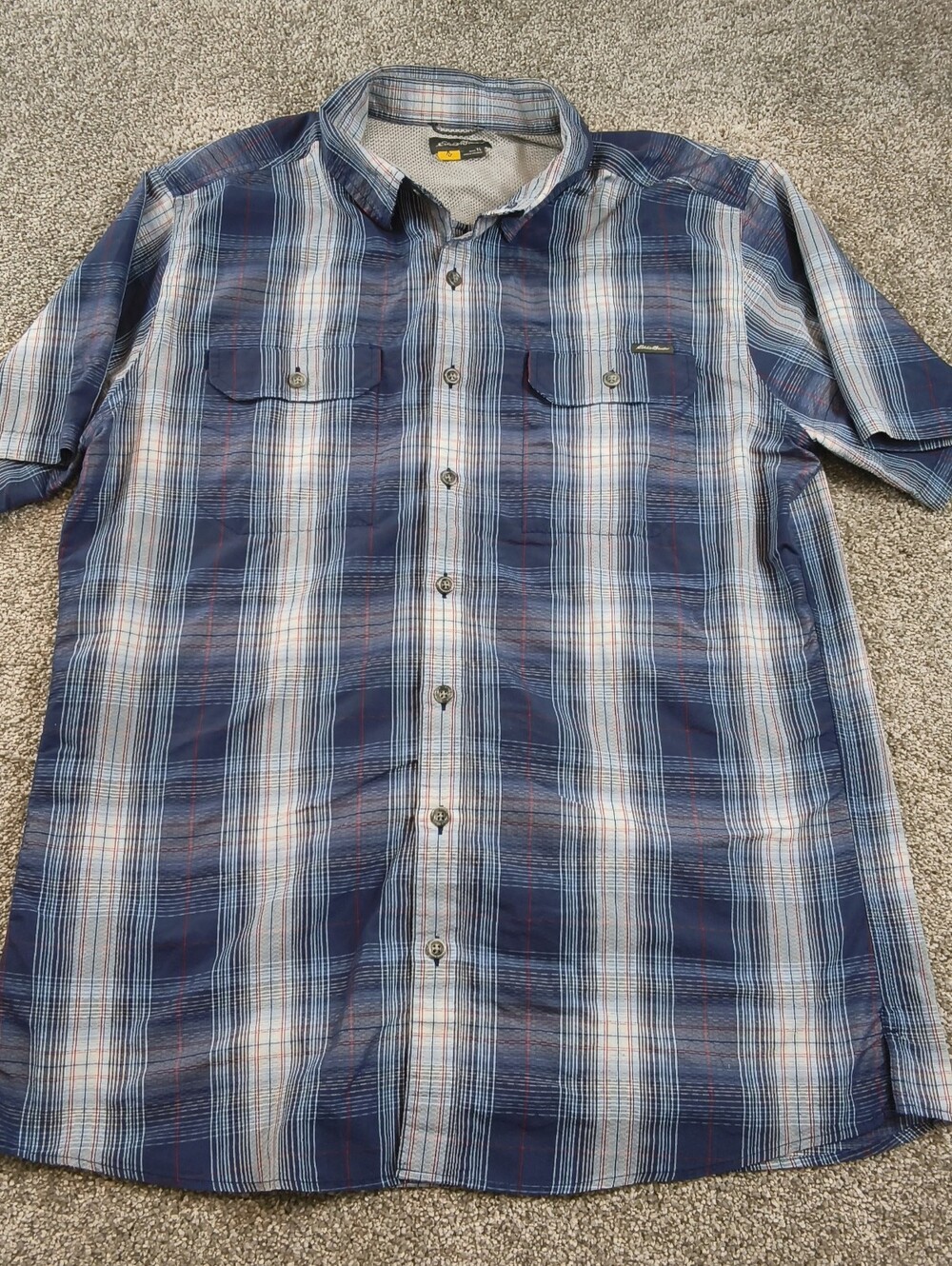 Eddie Bauer Travex Mens Short Sleeve Button Blue Plaid Size Large Tall